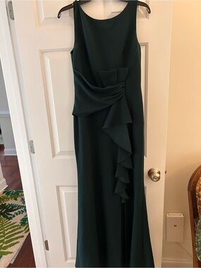 Betsy & Adam Dark Green Sleeveless Ruffle-Accent Gown